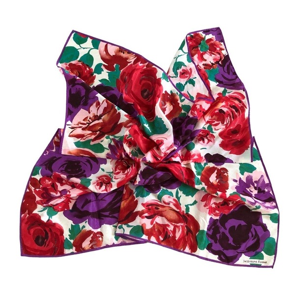 vintage Jacqueline Ferrar rose flower print square scarf silk 30" x 30" Japan - Picture 5 of 9